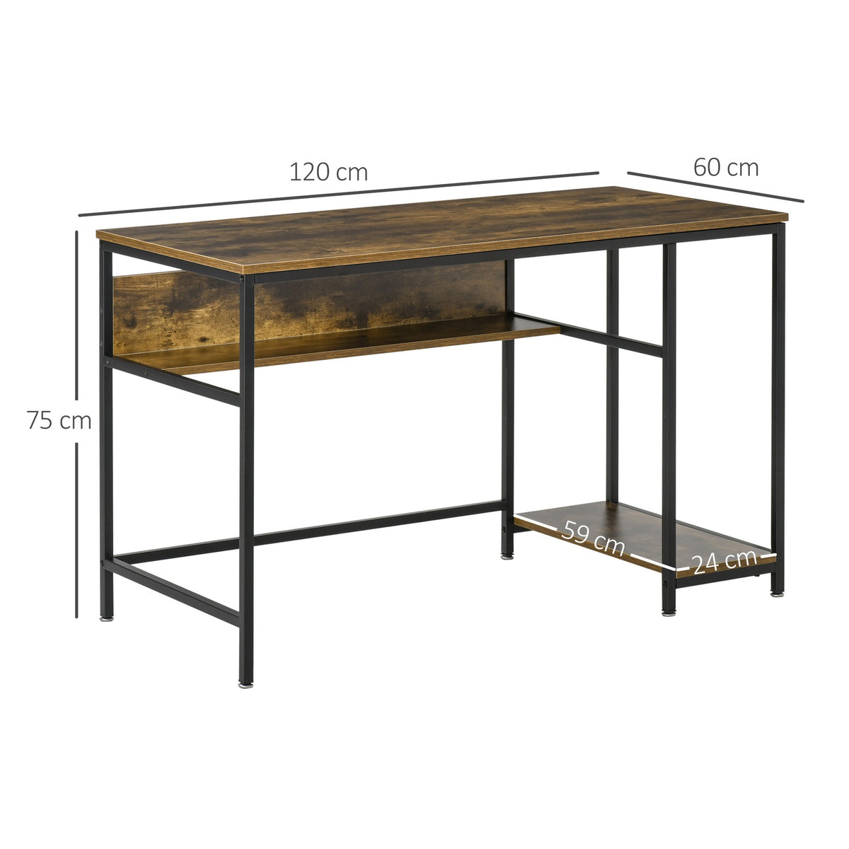 Industrial Style Computer Desk Office Table With Shelves Rustic Brown Metal 120 X 60 X 75 Cm