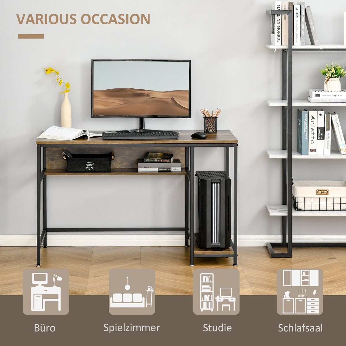 Industrial Style Computer Desk Office Table With Shelves Rustic Brown Metal 120 X 60 X 75 Cm