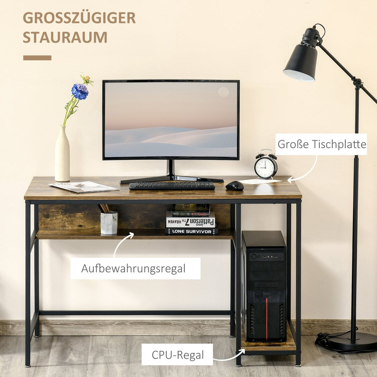 Industrial Style Computer Desk Office Table With Shelves Rustic Brown Metal 120 X 60 X 75 Cm