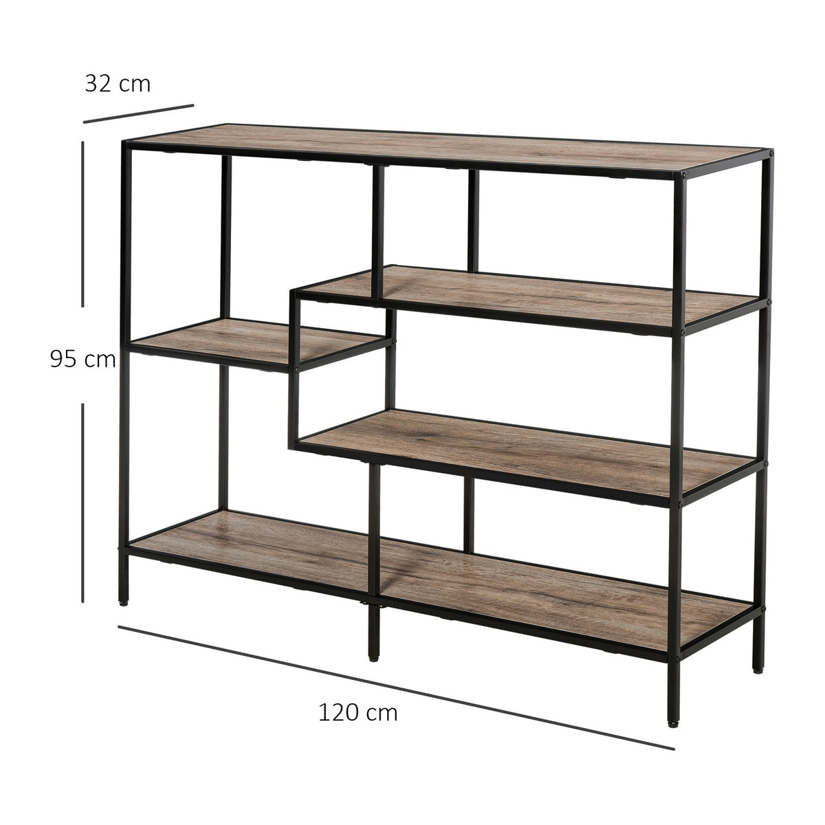 Industrial Style Standing Bookshelf, Filing Shelf, Black+Light Oak, 120X32X95Cm