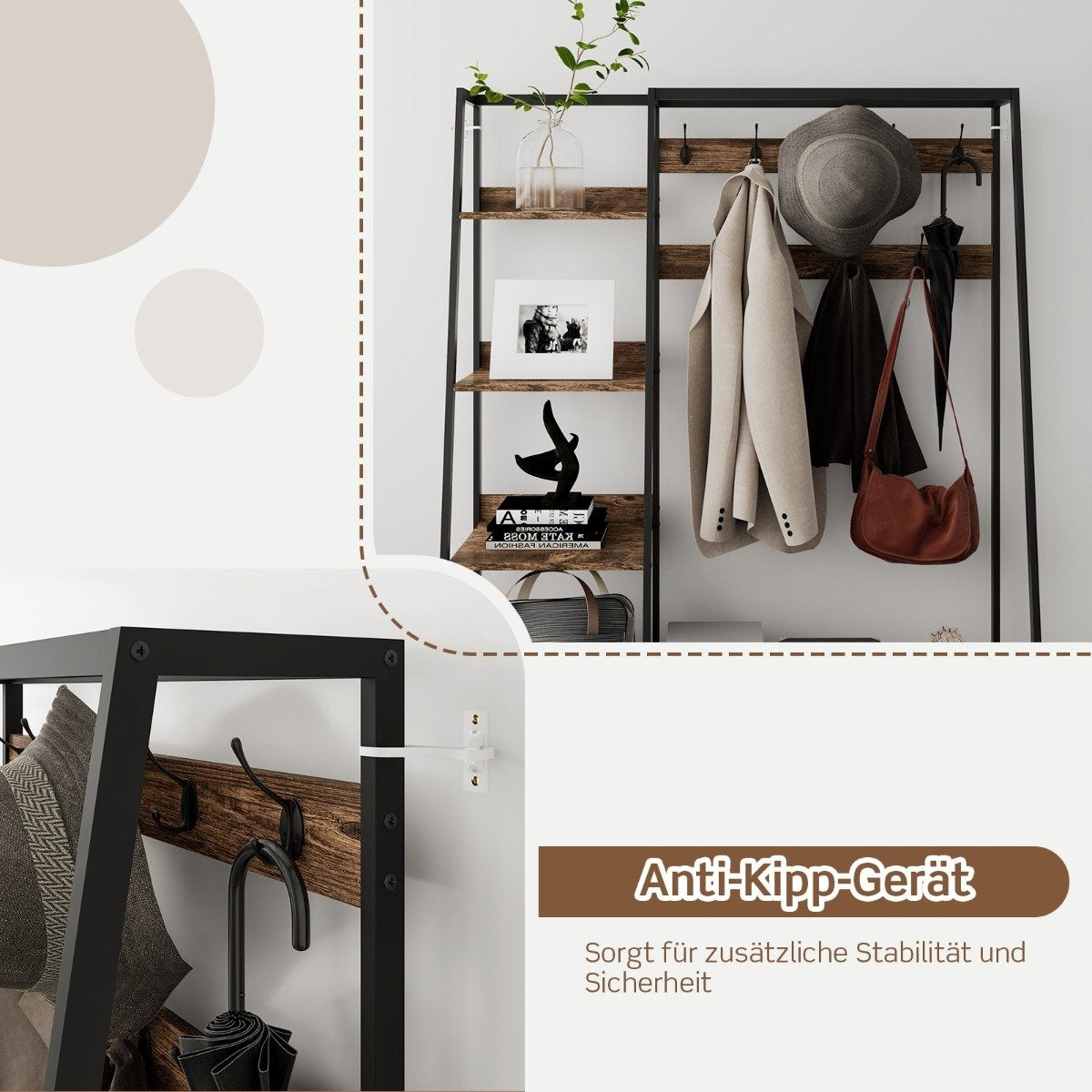 Industrial coat rack with shoe bench for the entrance area 122x40x180 cm Rustic brown