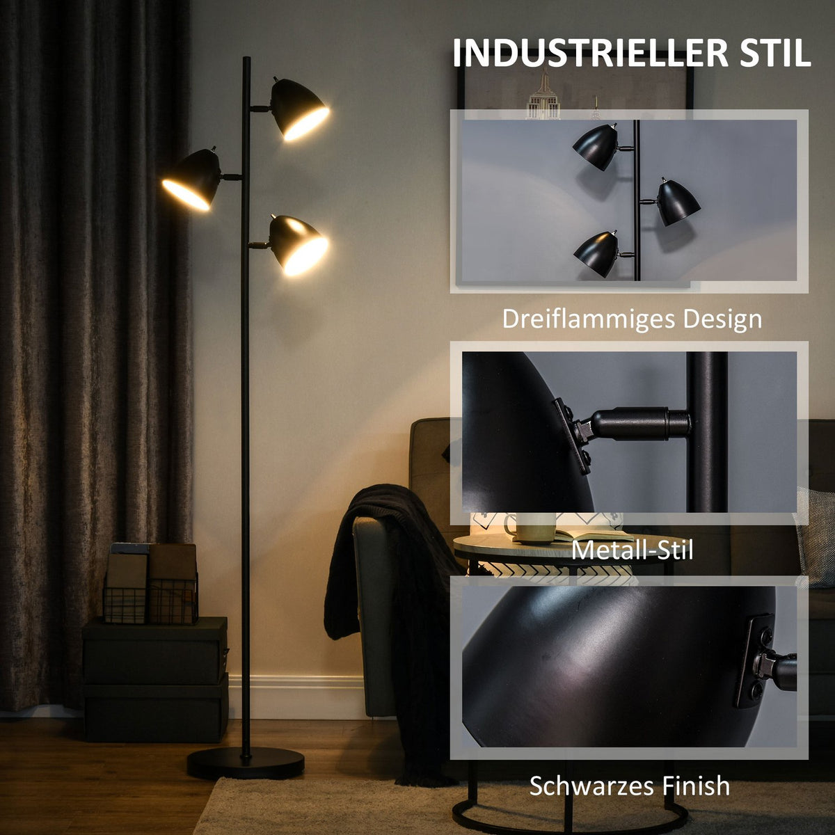 Industrial style floor lamp for the living room with 3 adjustable steel metal lampshades 38 x 28 x 169 cm Black