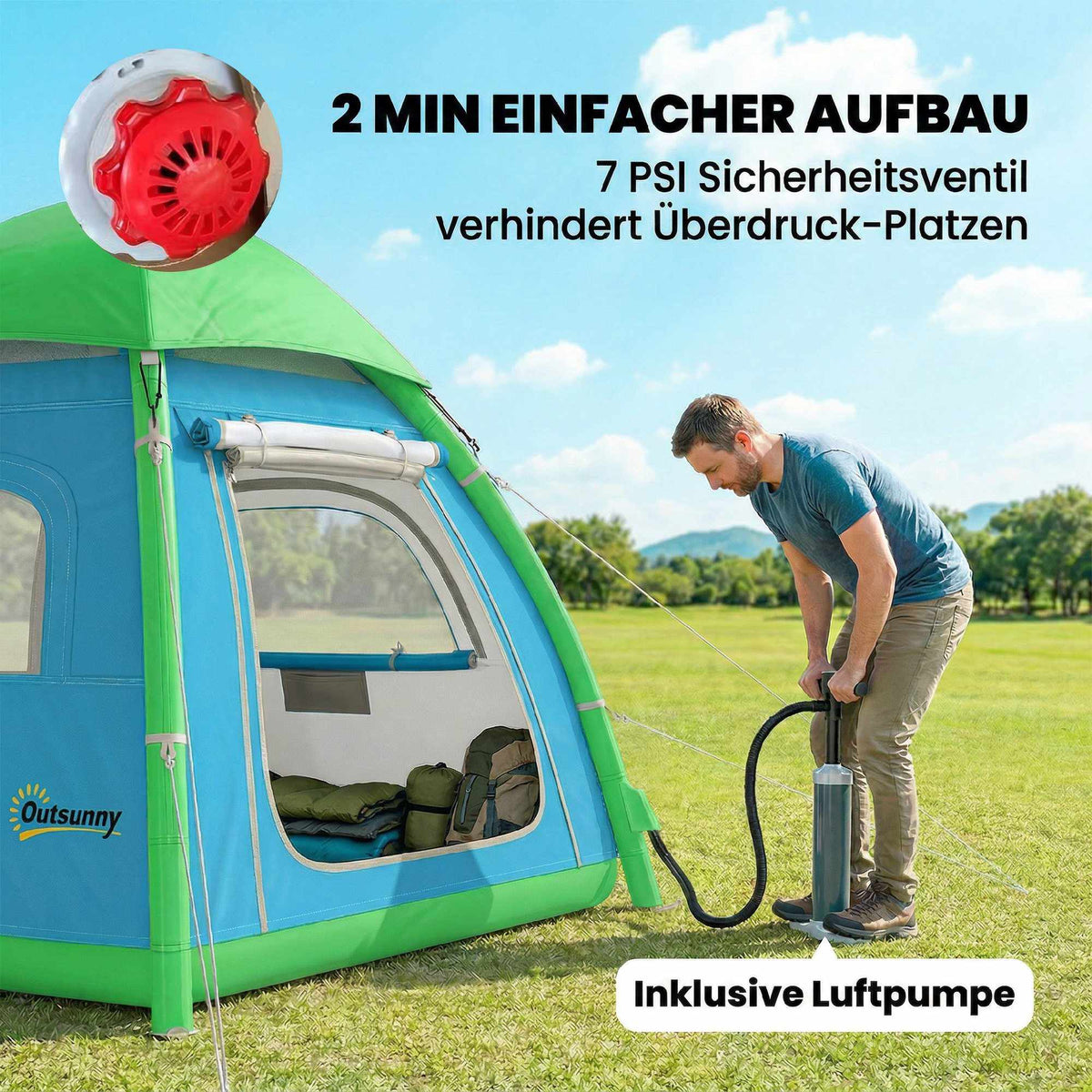 Inflatable 3-Person Camping Tent with Pump, Mesh Roof