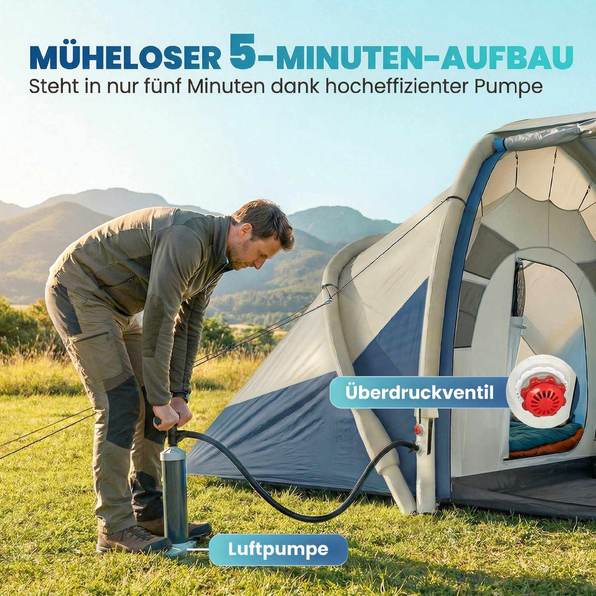 Inflatable 4-Person Tent, Quick Setup, 2 Bedrooms