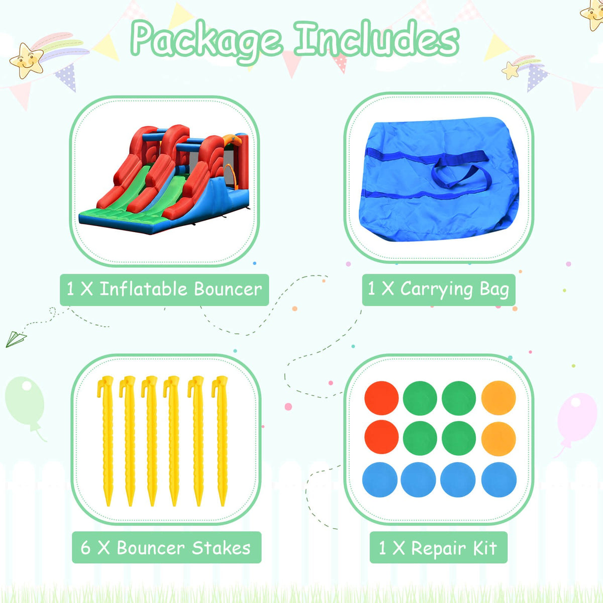 Inflatable Bounce House, 3-in-1 Dual Slide, No Blower