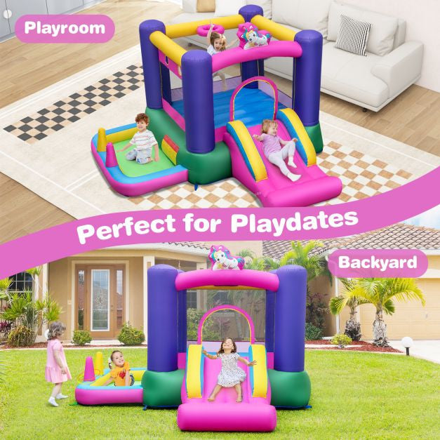 Inflatable Bounce House with Slide, Splash Pool, Basketball Hoop