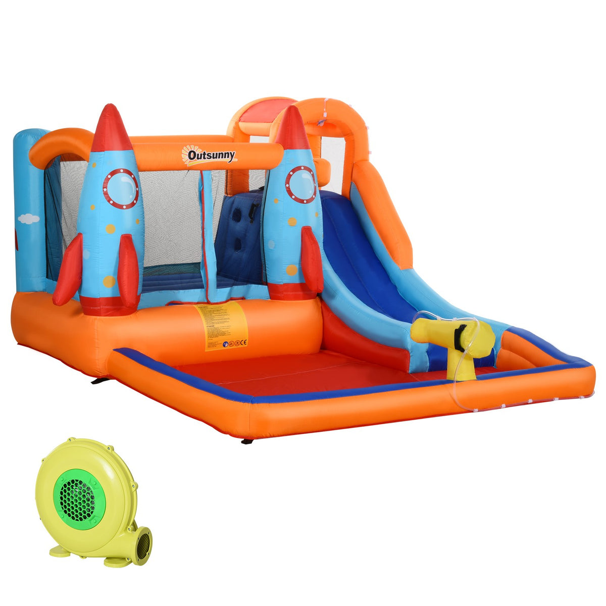 Inflatable Bouncy Castle Play Castle With Slide For 4 Children'S Castle With Blower Playhouse For 3-8 Years Rocket Pattern Oxford Polyester Fabric