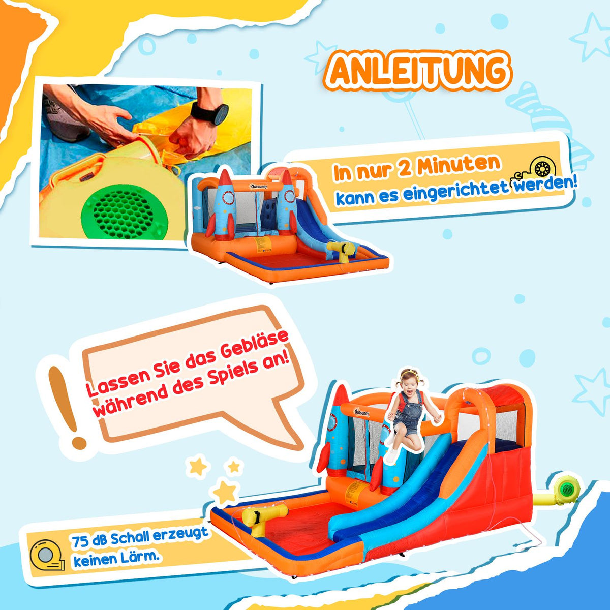 Inflatable Bouncy Castle Play Castle With Slide For 4 Children'S Castle With Blower Playhouse For 3-8 Years Rocket Pattern Oxford Polyester Fabric