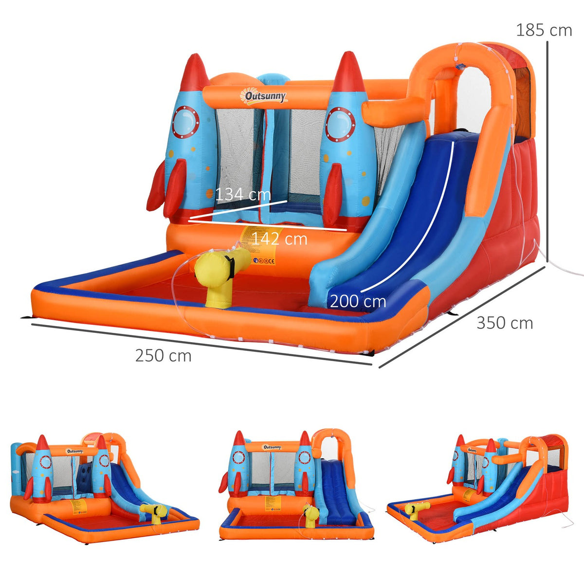 Inflatable Bouncy Castle Play Castle With Slide For 4 Children'S Castle With Blower Playhouse For 3-8 Years Rocket Pattern Oxford Polyester Fabric