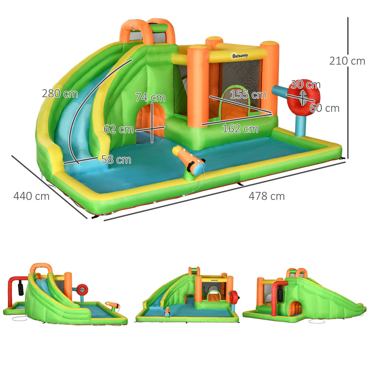 Inflatable Bouncy Castle Play Castle With Slide, Punching Bag, Ball Ring, Tunnel, Water Gun, For Children 3-8 Years, Water Park