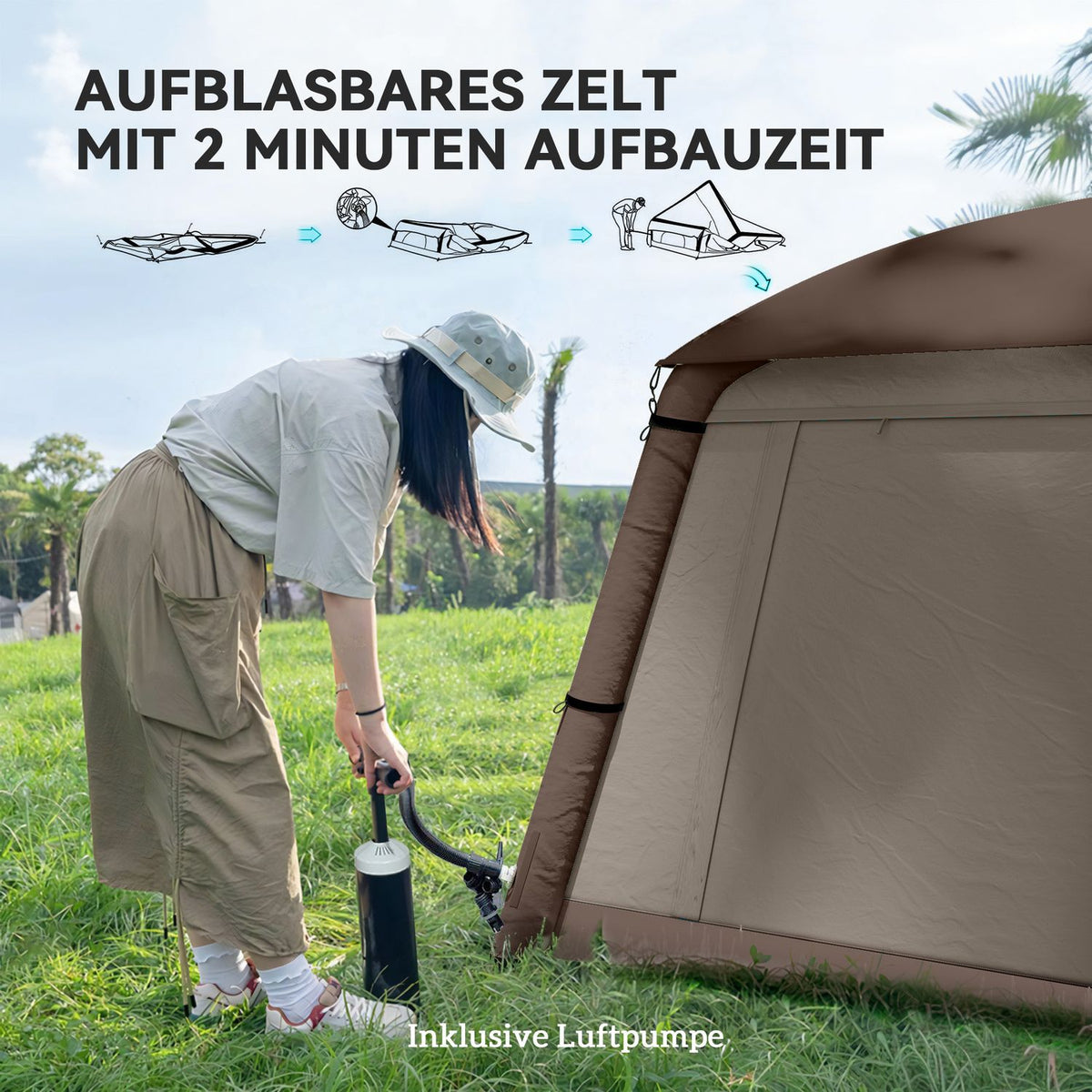 Inflatable Camping Tent 1-2 Person Outdoor Family Tent with Awning Hooks Air Pump Windows Doors Storage Bag Air Tent for 4 Seasons Windproof Glamping Tent