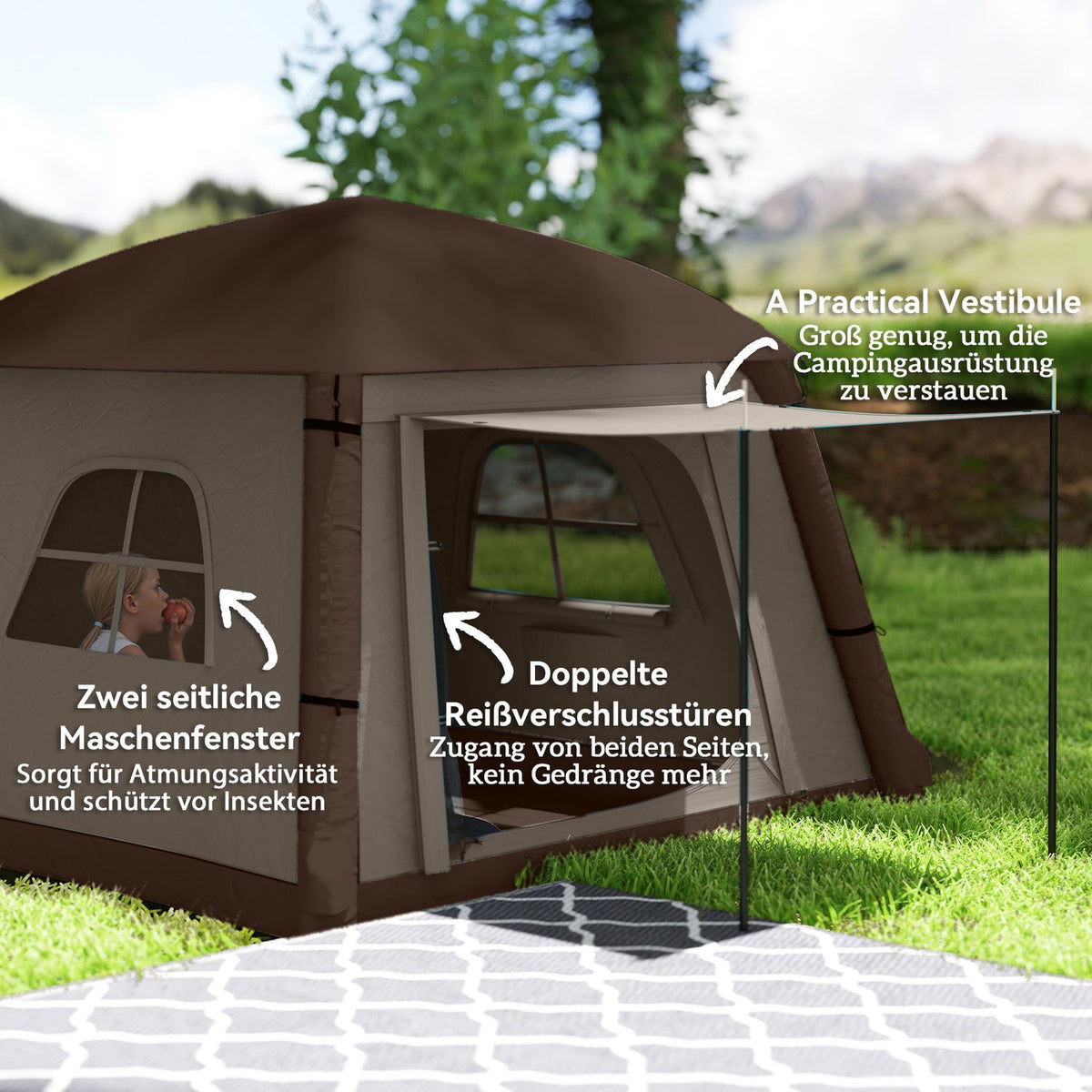 Inflatable Camping Tent 1-2 Person Outdoor Family Tent with Awning Hooks Air Pump Windows Doors Storage Bag Air Tent for 4 Seasons Windproof Glamping Tent