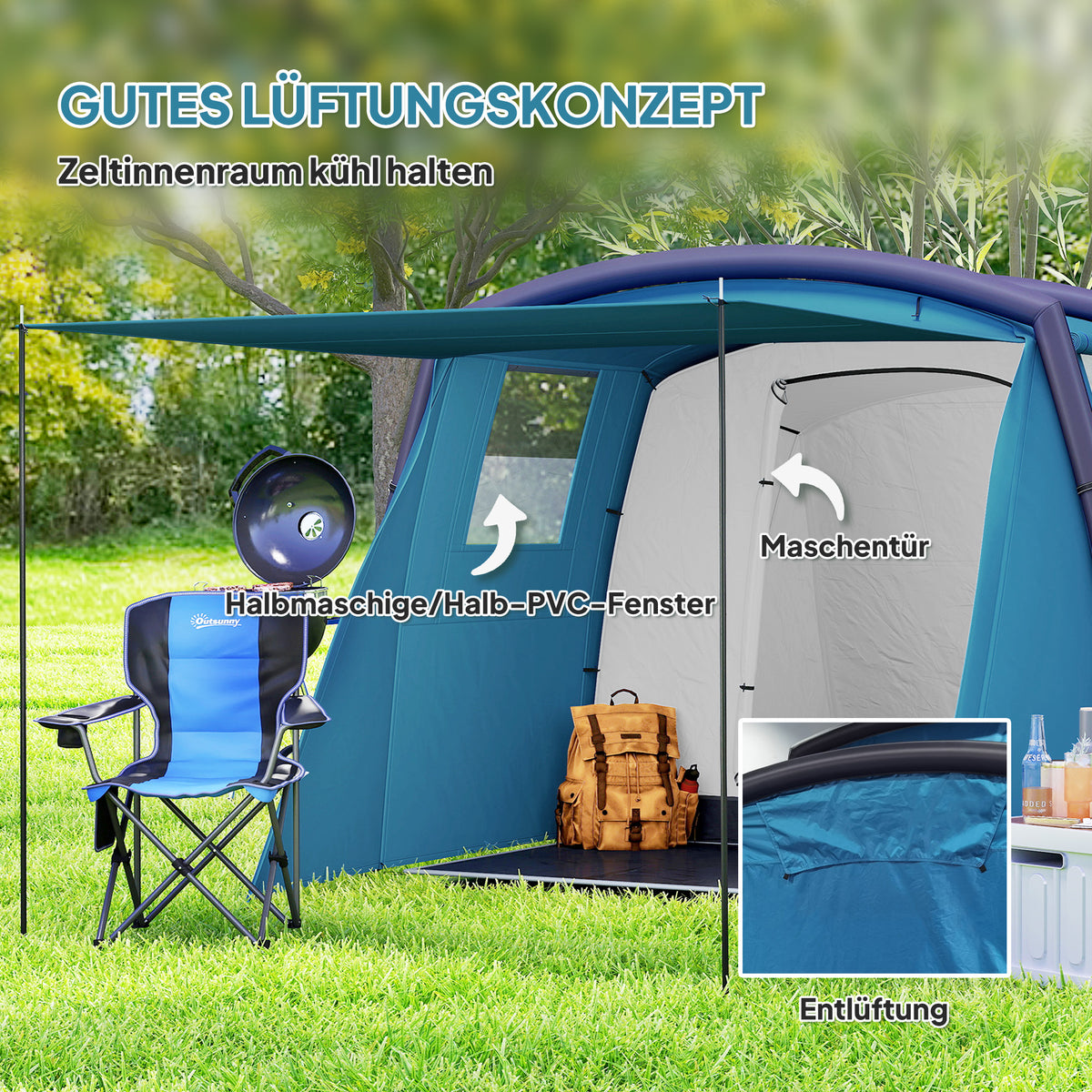 Inflatable Camping Tent 3-6 Person Outdoor Tunnel Tent with Windows Door Groundsheet Storage Bag Air Carrier Family Tent UV50+ Air Tent for 3 Seasons Windproof Glamping Tent |