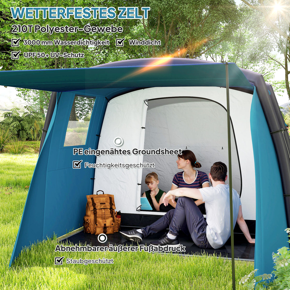 Inflatable Camping Tent 3-6 Person Outdoor Tunnel Tent with Windows Door Groundsheet Storage Bag Air Carrier Family Tent UV50+ Air Tent for 3 Seasons Windproof Glamping Tent |