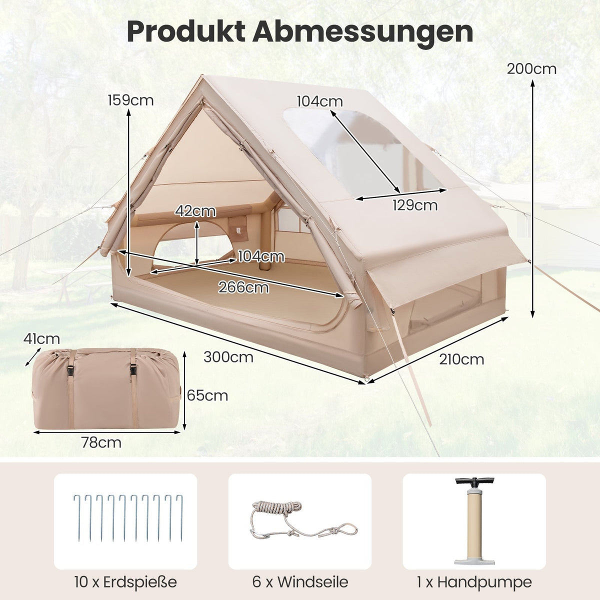 Inflatable Camping Tent, 4-6 Person, Waterproof, Beige