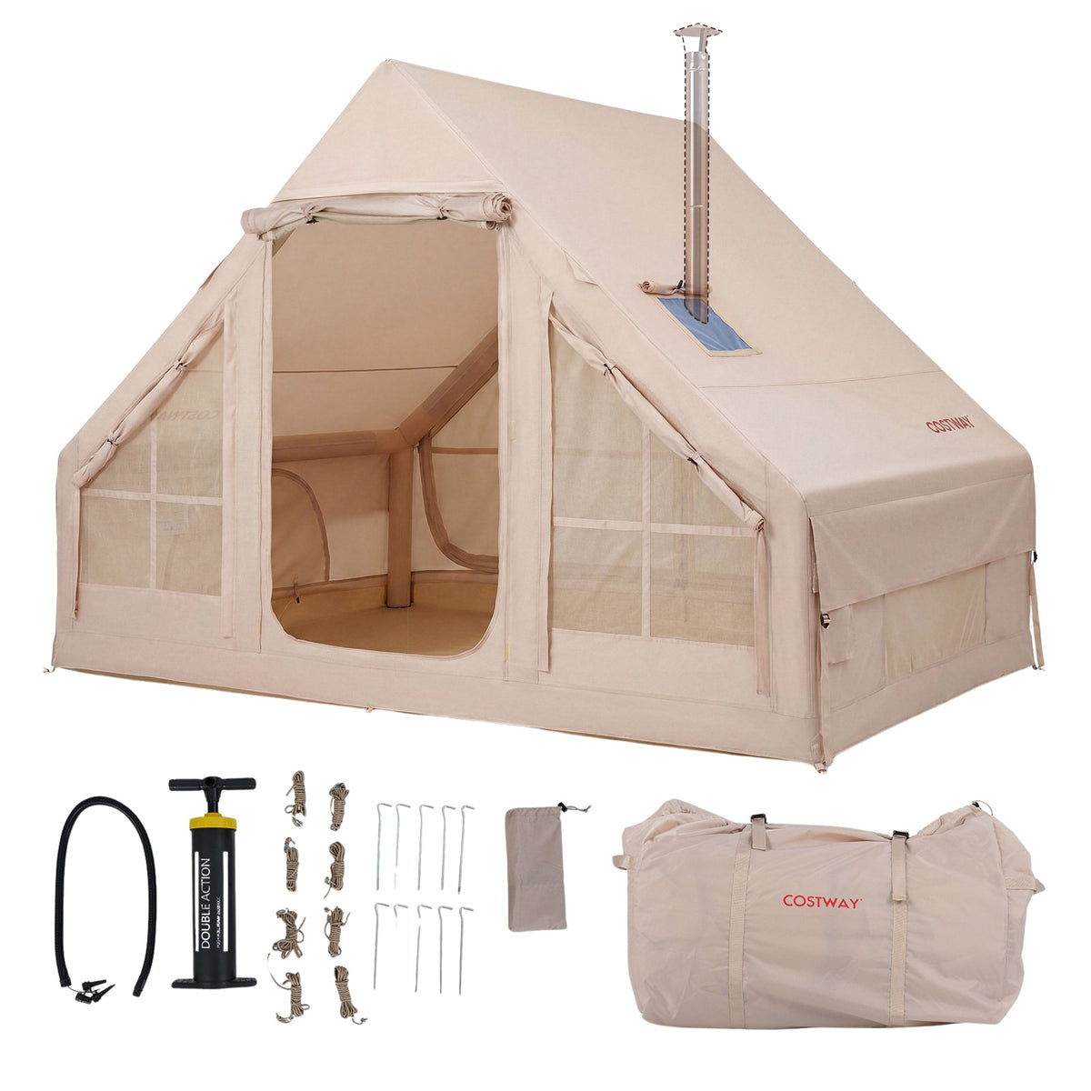 Inflatable Camping Tent, 4-Person, Air Pump, Waterproof; Chimney Port