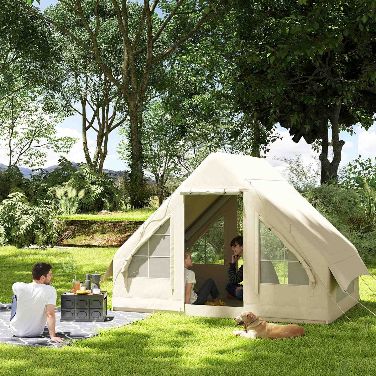 Inflatable Camping Tent Inflatable Tent with Window, Door for 3 People Family Tent with Storage Bag, Air Pump Oxford Waterproof & Windproof Glamping Tent for 4 Seasons