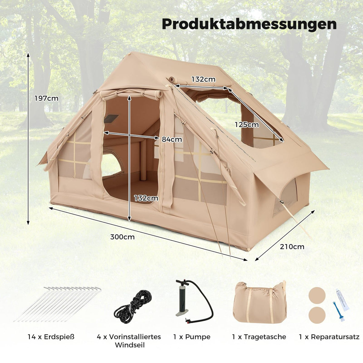 Inflatable Camping Tent for 4-6 People, 4 Mesh Windows