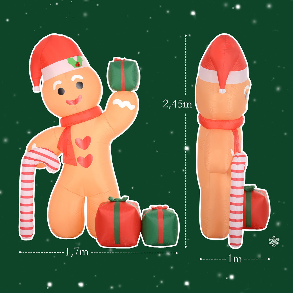 Inflatable Christmas Decoration 2.45m Gingerbread Man with Candy Cane, 6 LEDs, Internal Blower, Weatherproof Garden Decoration for Indoor & Outdoor Use