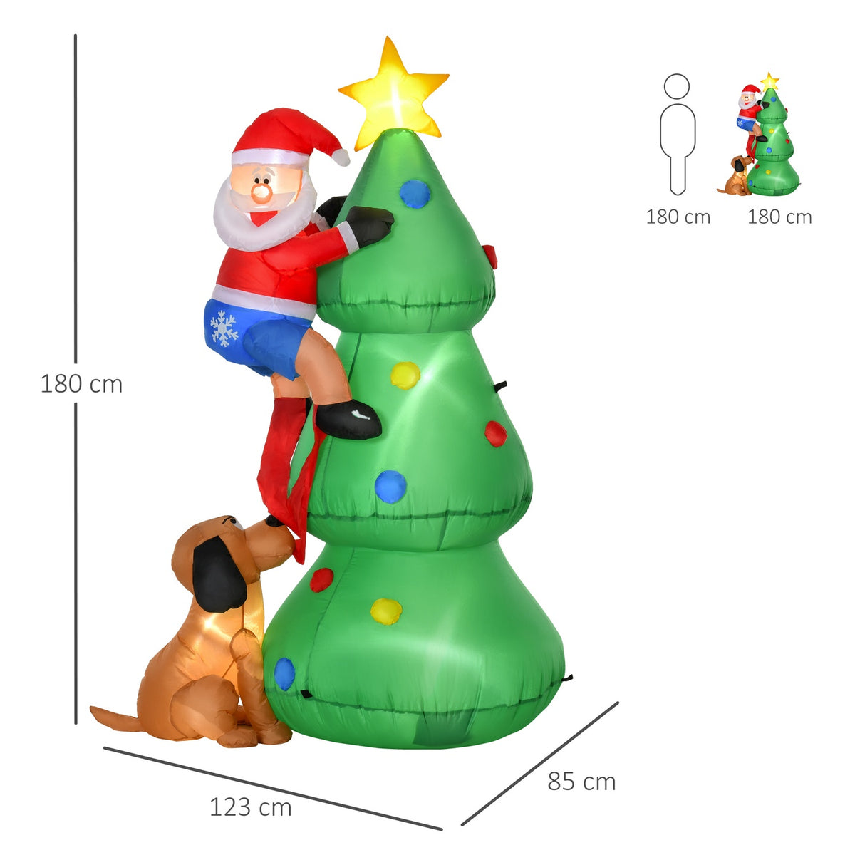 Inflatable Christmas Tree With Santa Claus And The Dog 180 Cm Christmas Decoration Led Self-Inflating Polyester Green 123 X 85 X 180 Cm