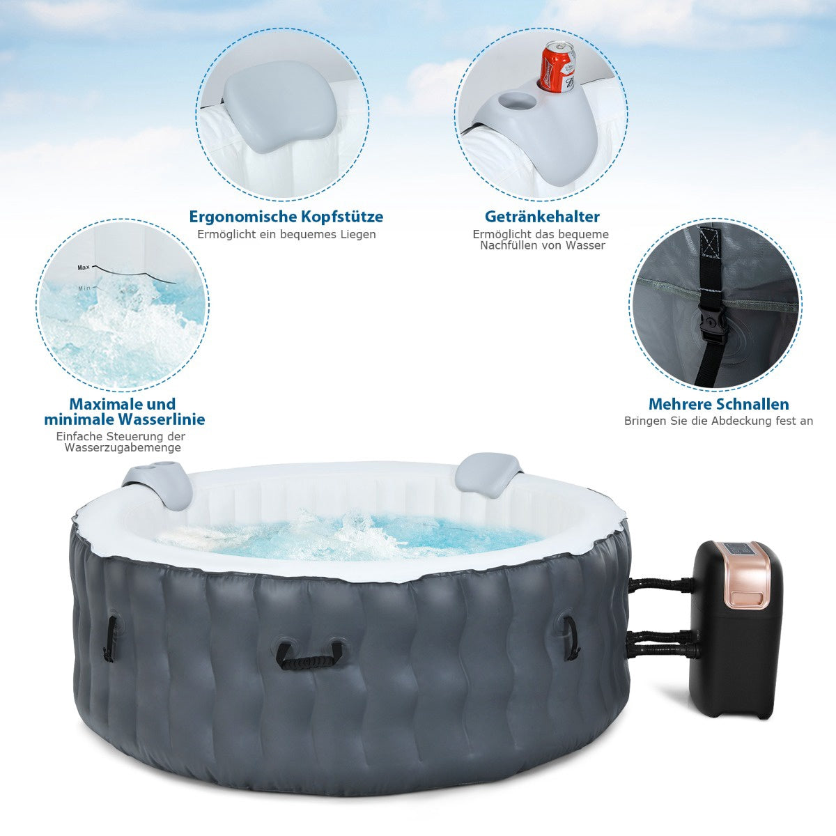 Inflatable Hot Tub 180cm, 108 Jets, Heated, 4-Person