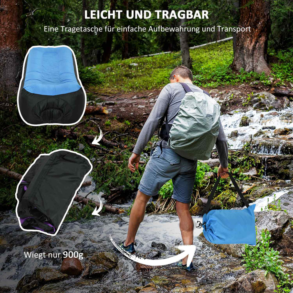 Inflatable Lounger Waterproof Self-Inflatable 200Kg Carry Bag Camping Blue
