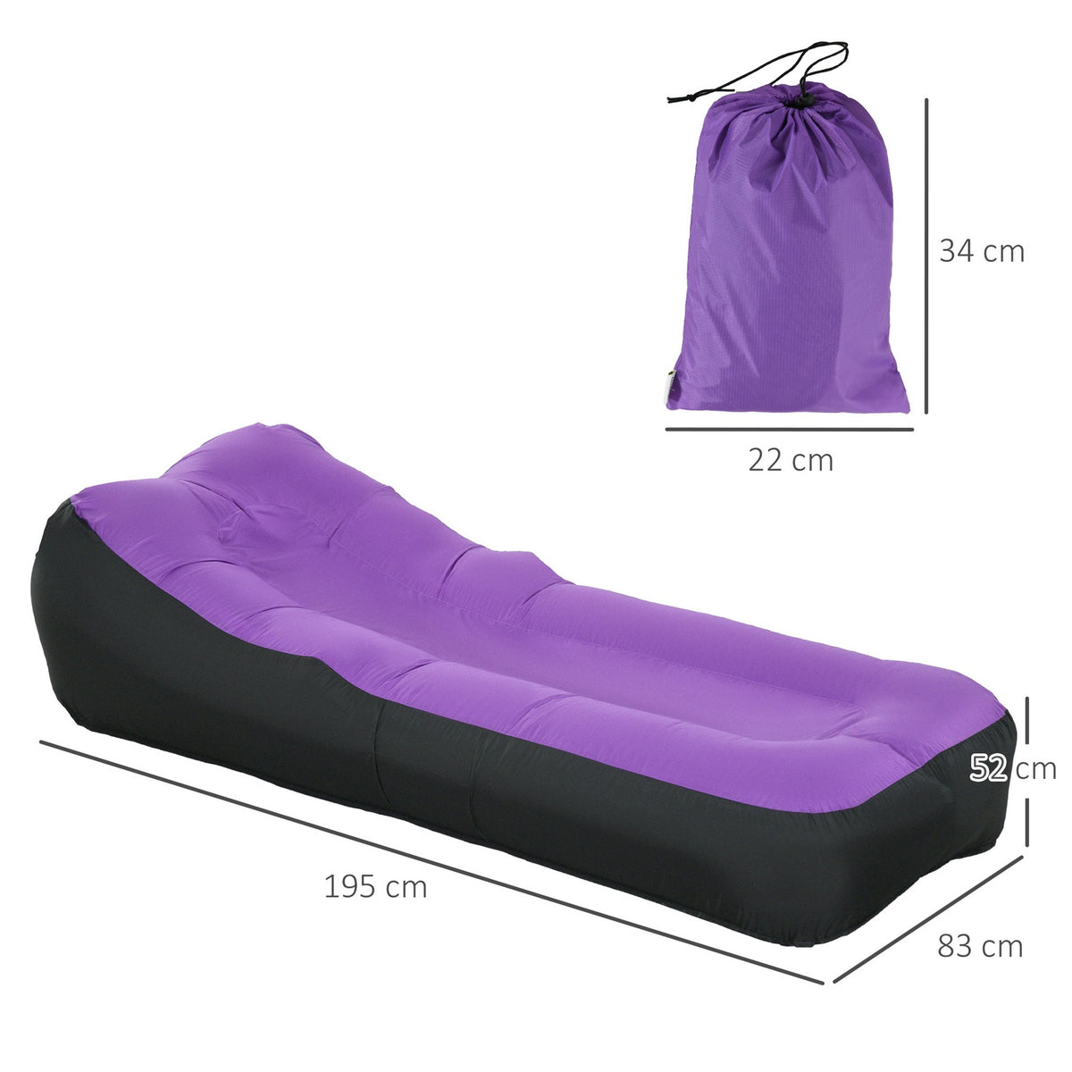 Inflatable Lounger Waterproof Self-Inflatable 200Kg Carry Bag Camping Purple
