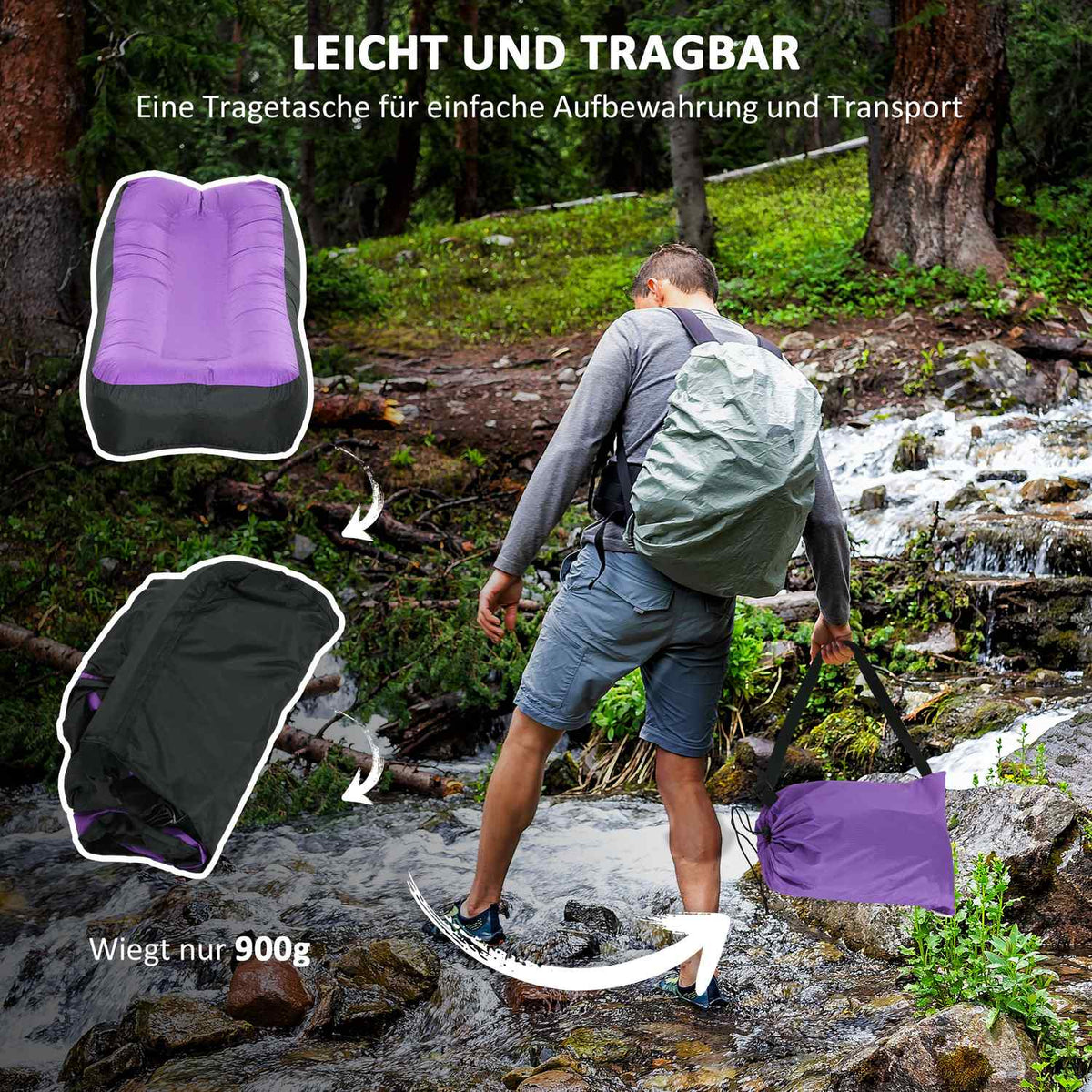 Inflatable Lounger Waterproof Self-Inflatable 200Kg Carry Bag Camping Purple