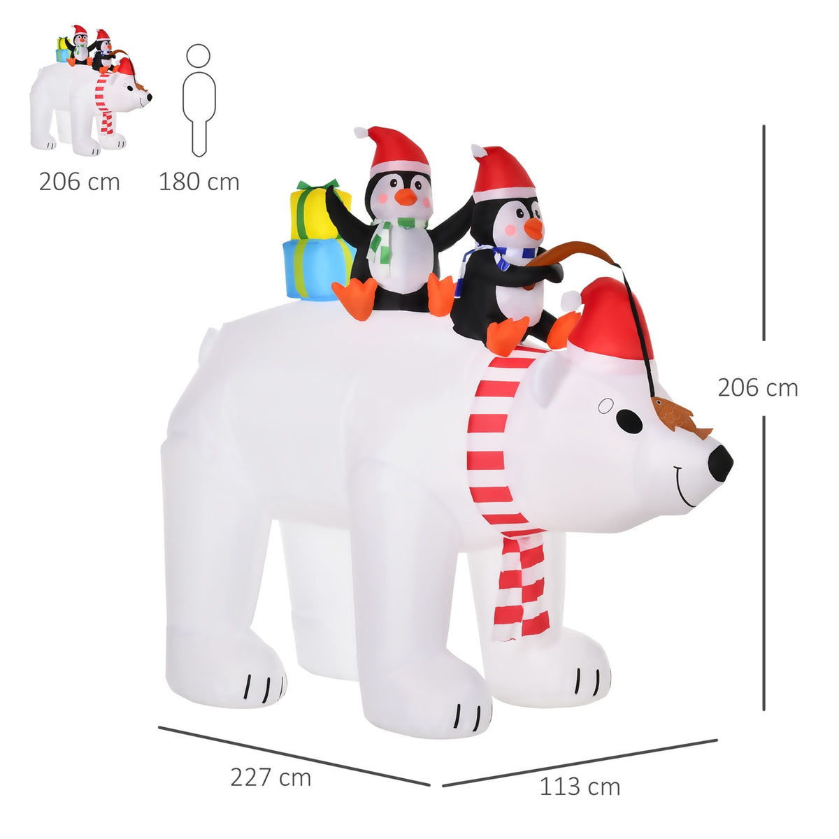 Inflatable Penguins On Polar Bear 2.1M Christmas Decoration With Lights Automatic Inflation Weatherproof Polyester 227 X 113 X 206 Cm