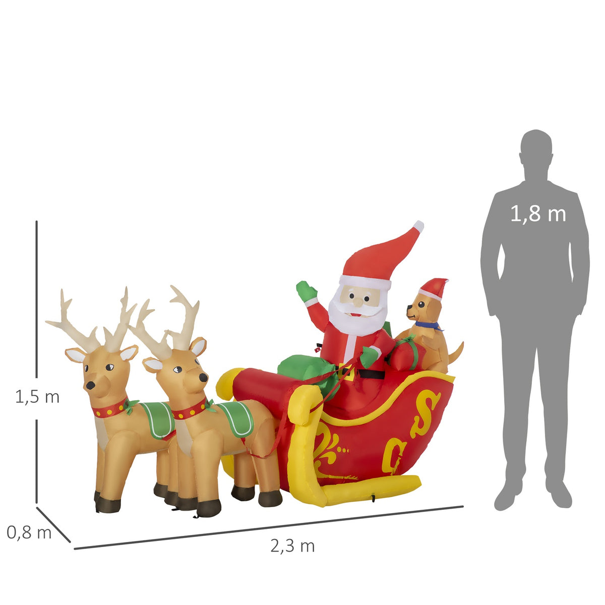 Inflatable Santa Claus With Sleigh And Dogs With Led Lights Christmas Decoration With Blower Weatherproof 230 X 80 X 150 Cm