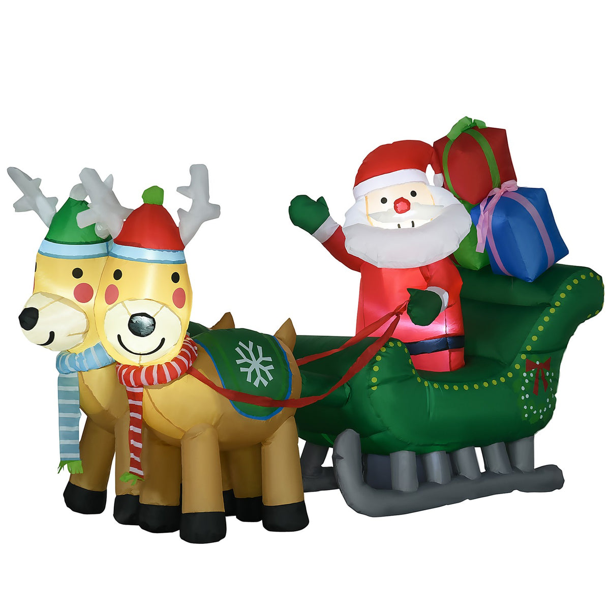 Inflatable Santa Claus with Reindeer LED Light 210cm Self-Inflating Christmas Decoration Waterproof Christmas Figure for Indoor and Outdoor Use