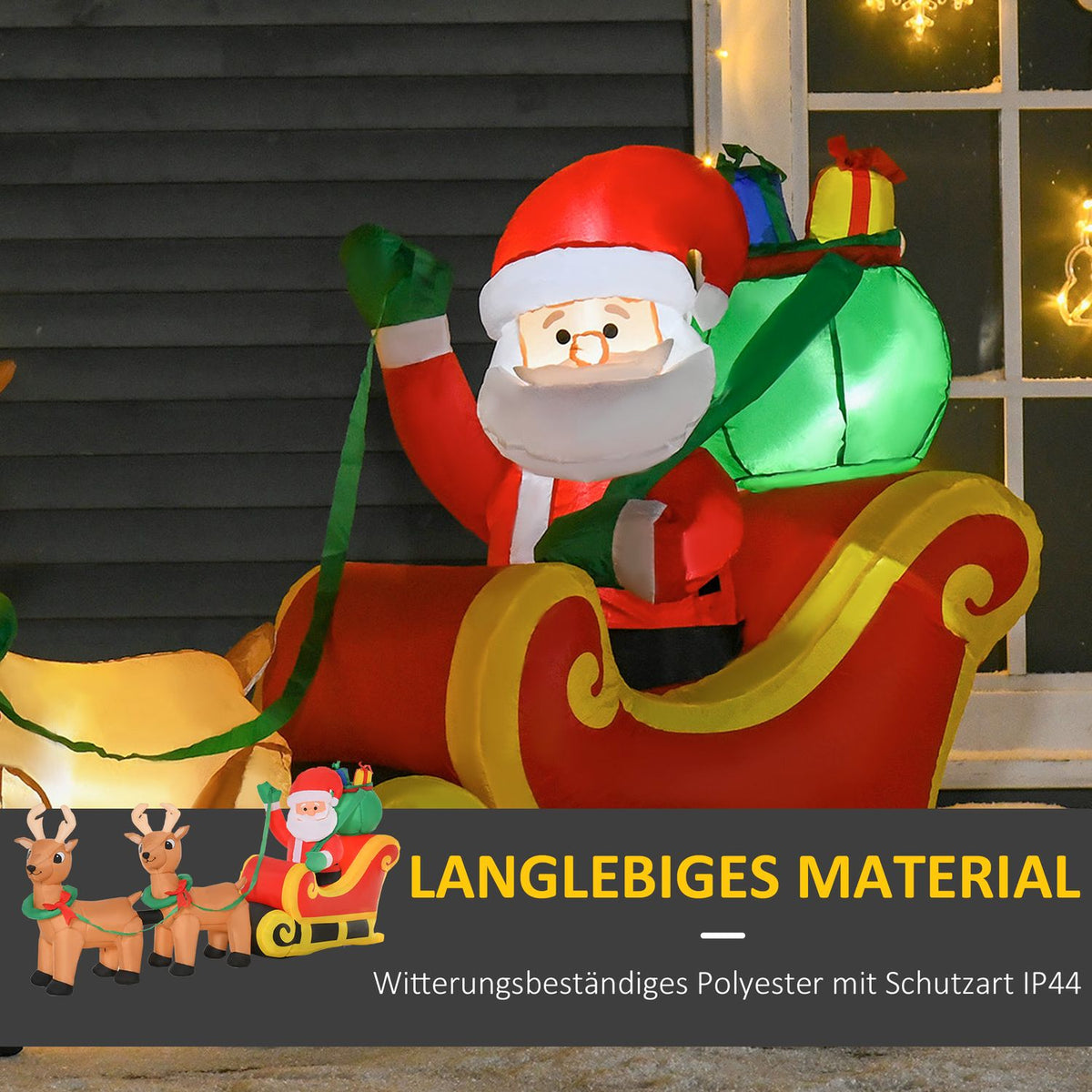 Inflatable Santa Sleigh with Reindeer, LED Lights, 240cm