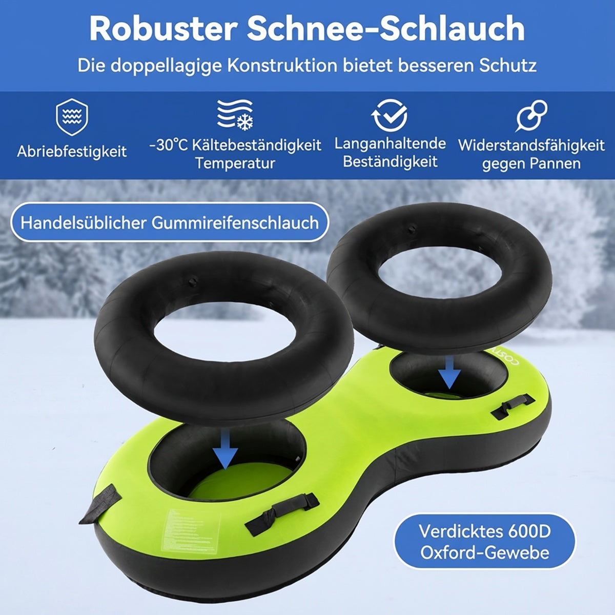 Inflatable Snow Tube for 2, Green, Includes Pump & Handles