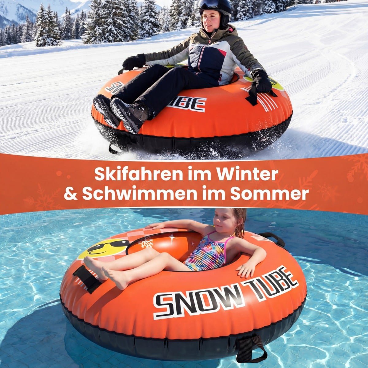 Inflatable Snow Tube with Handles & Tow Rope, Orange