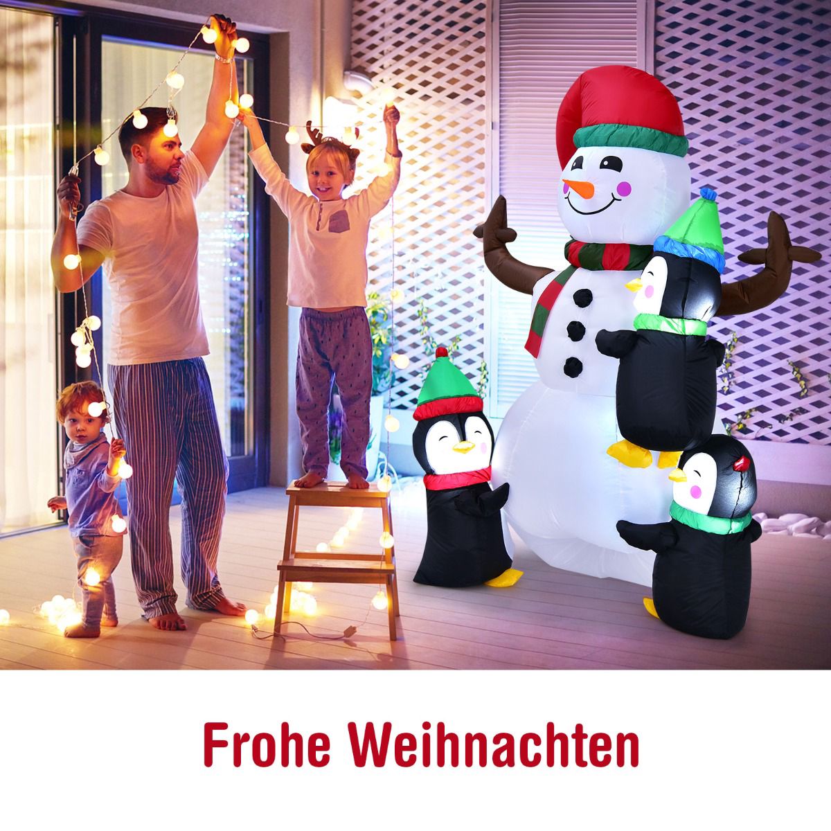 Inflatable Snowman With Penguins, LED Lights, 180 cm