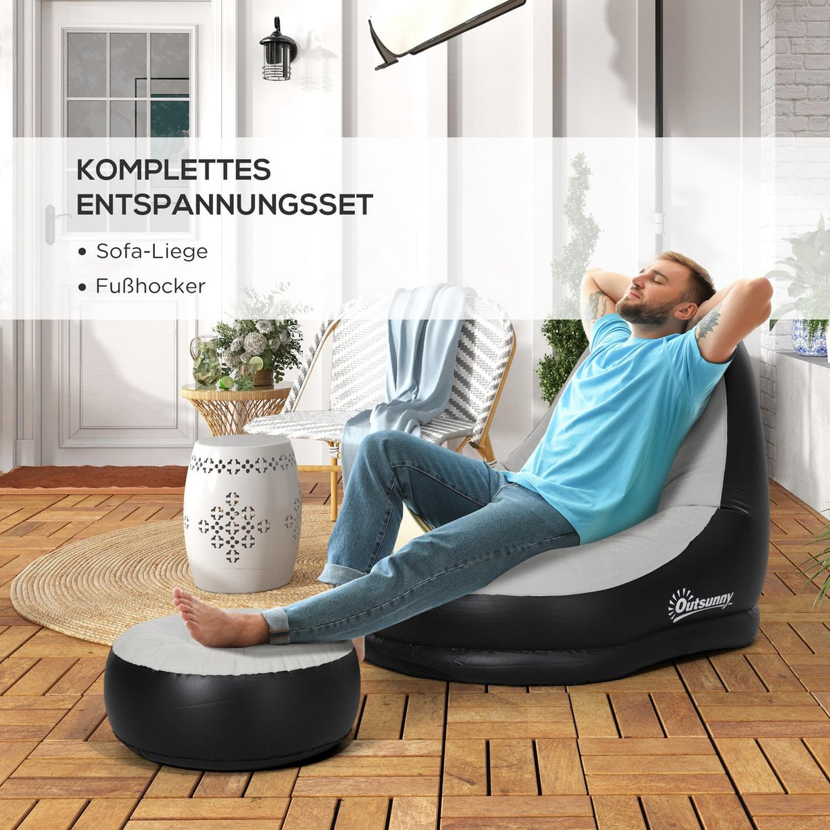 Inflatable Sofa With Footstool Air Sofa With Cup Holder, For Camping & Home, Light Gray, 125X100X87Cm