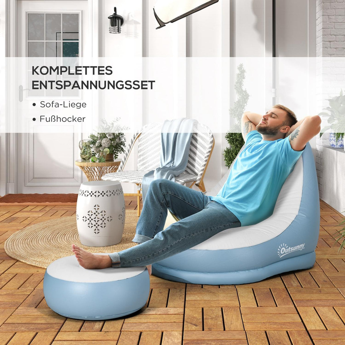 Inflatable Sofa With Footstool Air Sofa With Cup Holder, For Camping & Home, White, 125X100X87Cm