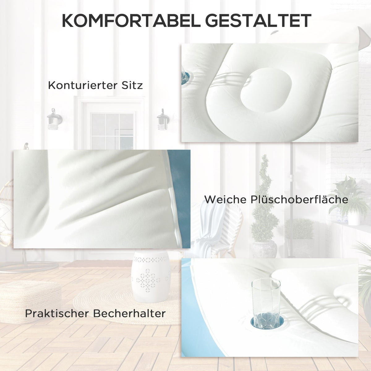 Inflatable Sofa With Footstool Air Sofa With Cup Holder, For Camping & Home, White, 125X100X87Cm