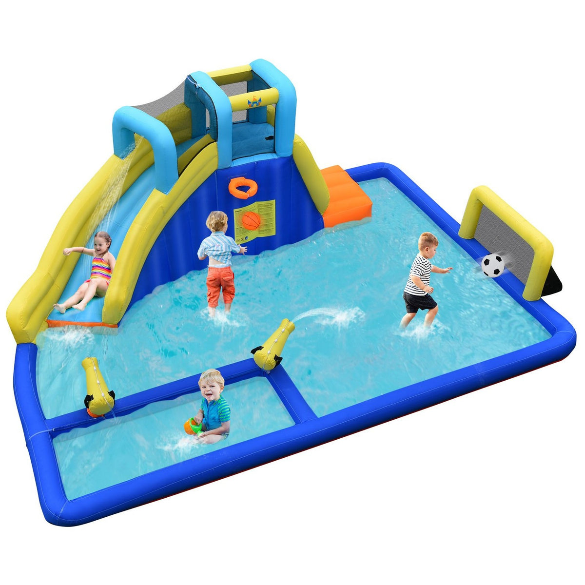 Inflatable Water Park 6-in-1 Bouncy Castle with Water Slide 526 x 373 x 203 cm Blue + Yellow