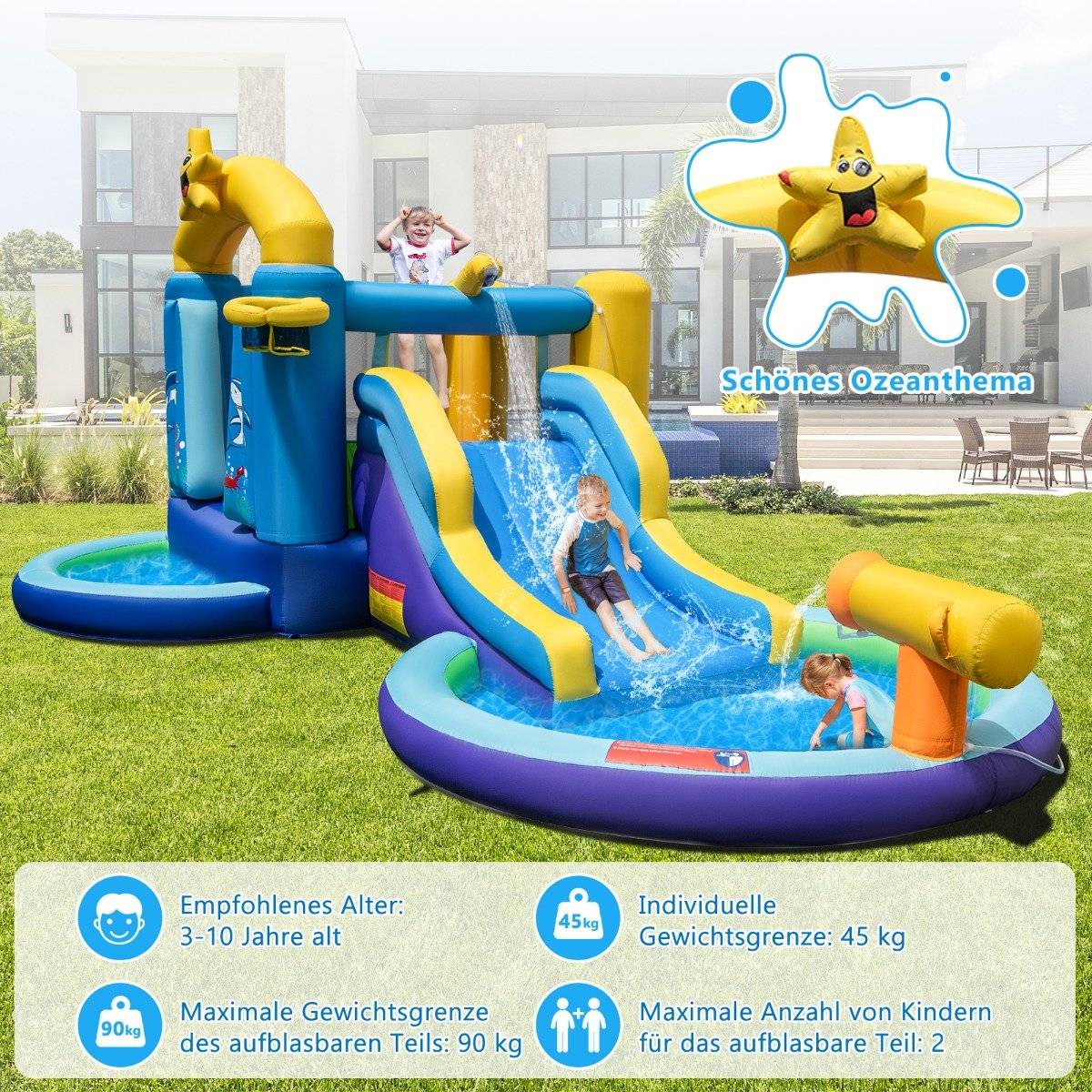 Inflatable Water Slide Park with 2 Pools & 680W Blower & Water Cannon Blue