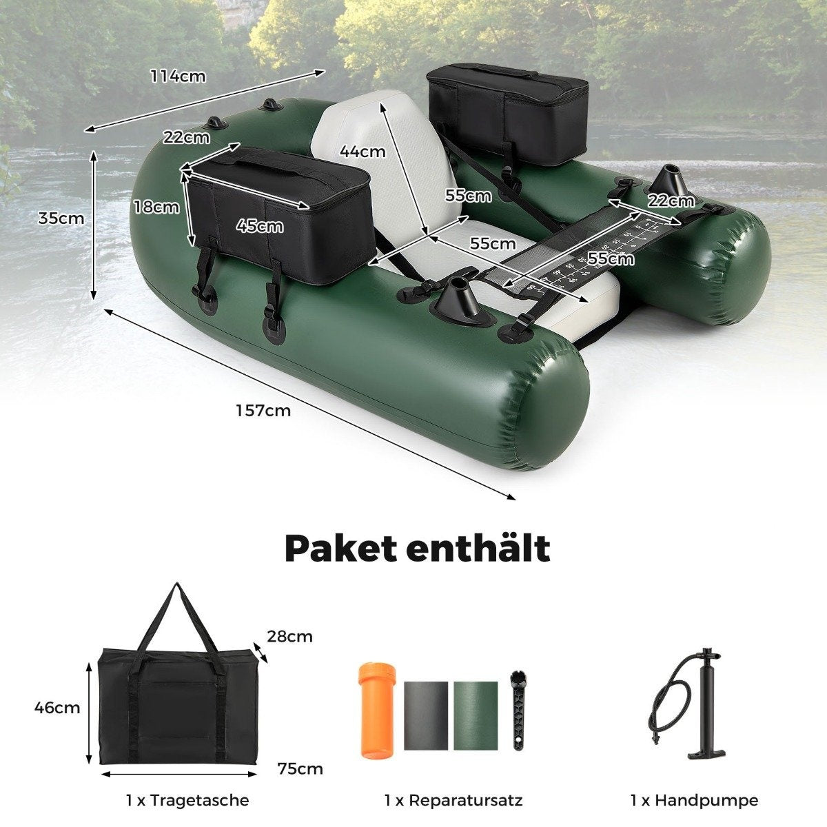 Inflatable fishing boat, inflatable boat, fishing boat with backrest, paddle boat, 157 x 114 x 35 cm