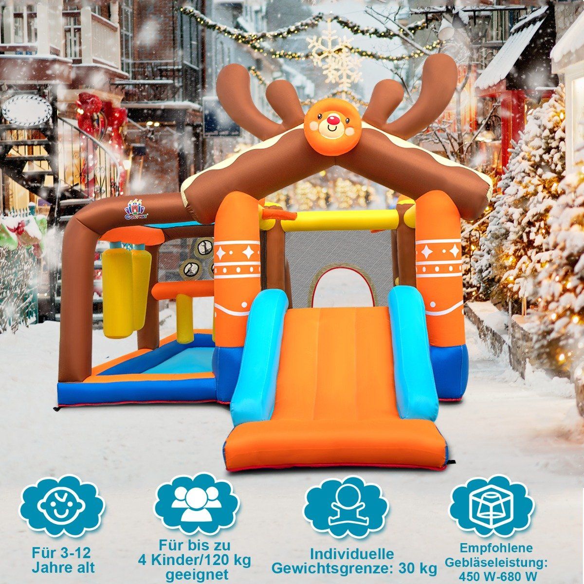 Inflatable reindeer bouncy castle with slide & 2 ball pits & throwing game 420 x 310 x 260 cm