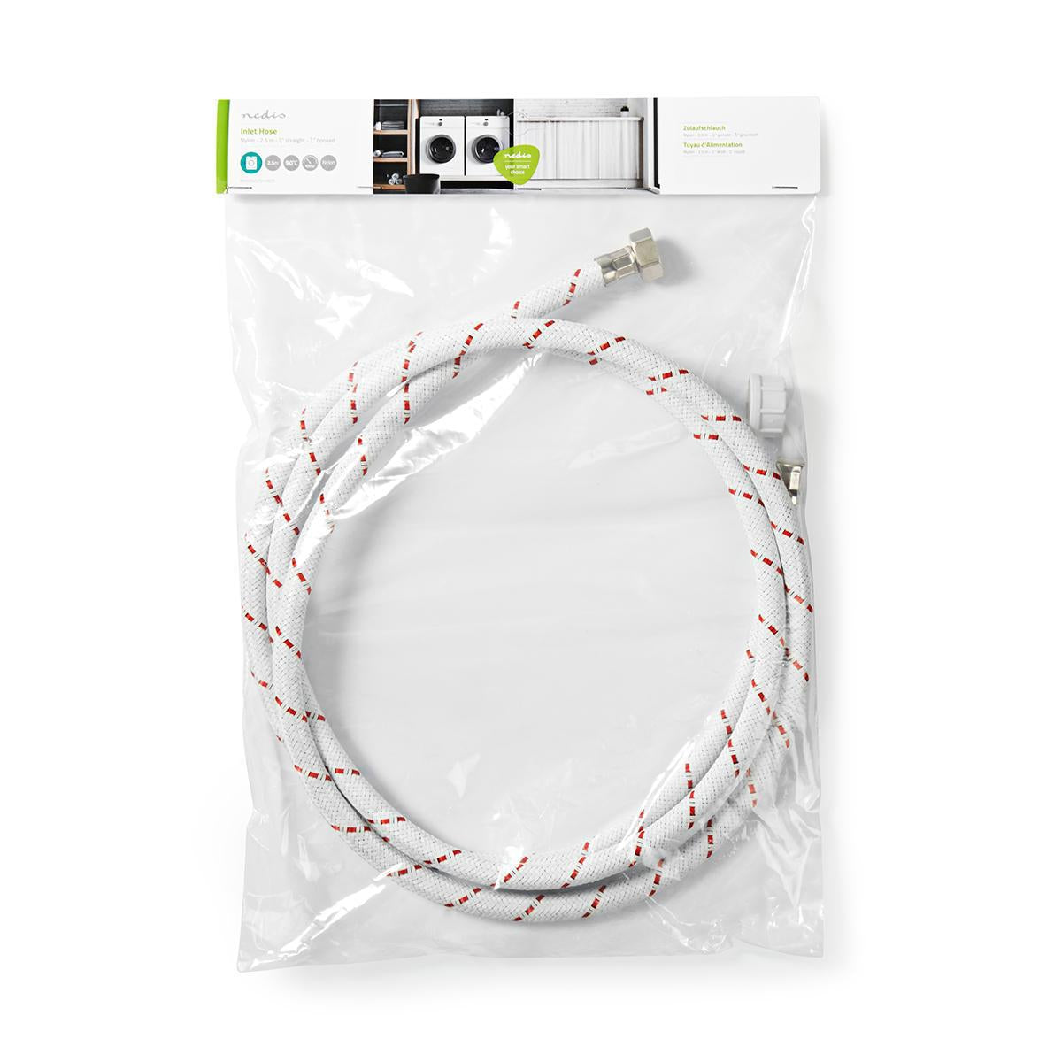 Inlet hose nylon | 1/2'' | 3/4'' | 10 Bar | 90 °C | 2.50 m | Usage: Dish / Washing machine | Nylon | Red-white
