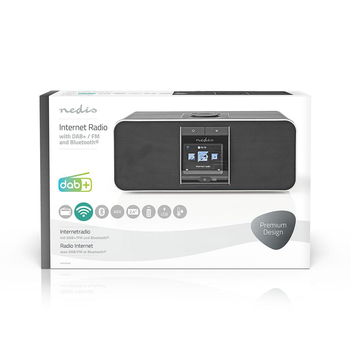 Internet Radio | Table Design | Bluetooth® / Wi-Fi | DAB+ / FM / Internet | 2.4 " | Colour Screen | 42 W | Remote controlled | App controlled | Headphone output | Alarm clock | Sleep timer | Black