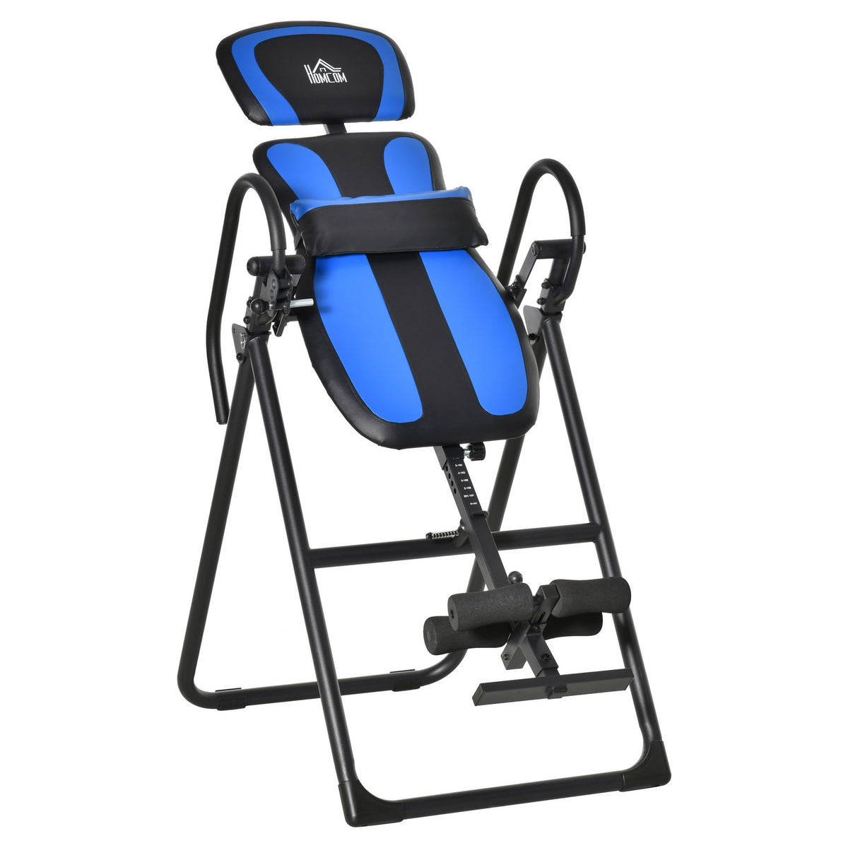 Inversion bench foldable gravity trainer with movable wheels, adjustable back cushion, metal ABS, black + blue, 132x71x145cm