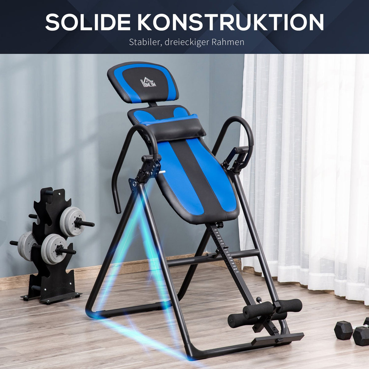 Inversion bench foldable gravity trainer with movable wheels, adjustable back cushion, metal ABS, black + blue, 132x71x145cm