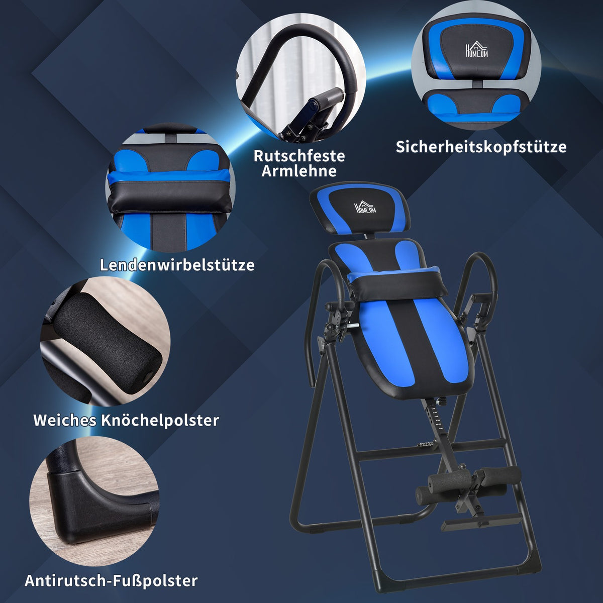 Inversion bench foldable gravity trainer with movable wheels, adjustable back cushion, metal ABS, black + blue, 132x71x145cm