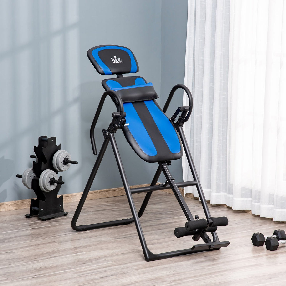 Inversion bench foldable gravity trainer with movable wheels, adjustable back cushion, metal ABS, black + blue, 132x71x145cm