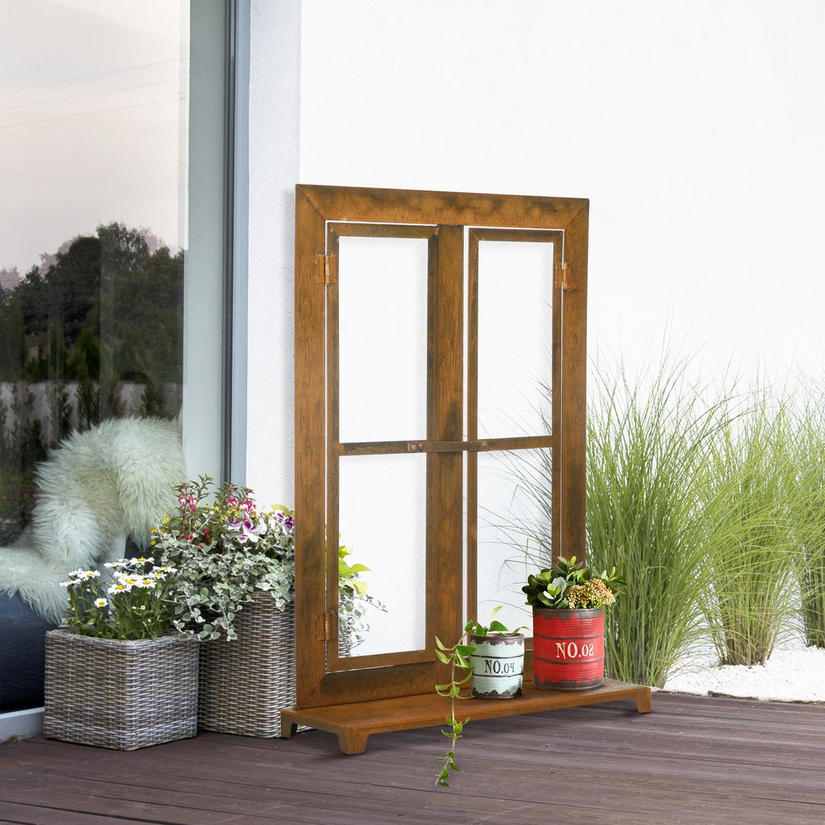 Iron Window Patina Lattice Window 55X80Cm With Threshold And Transom, Rustic Brown, Garden Decoration