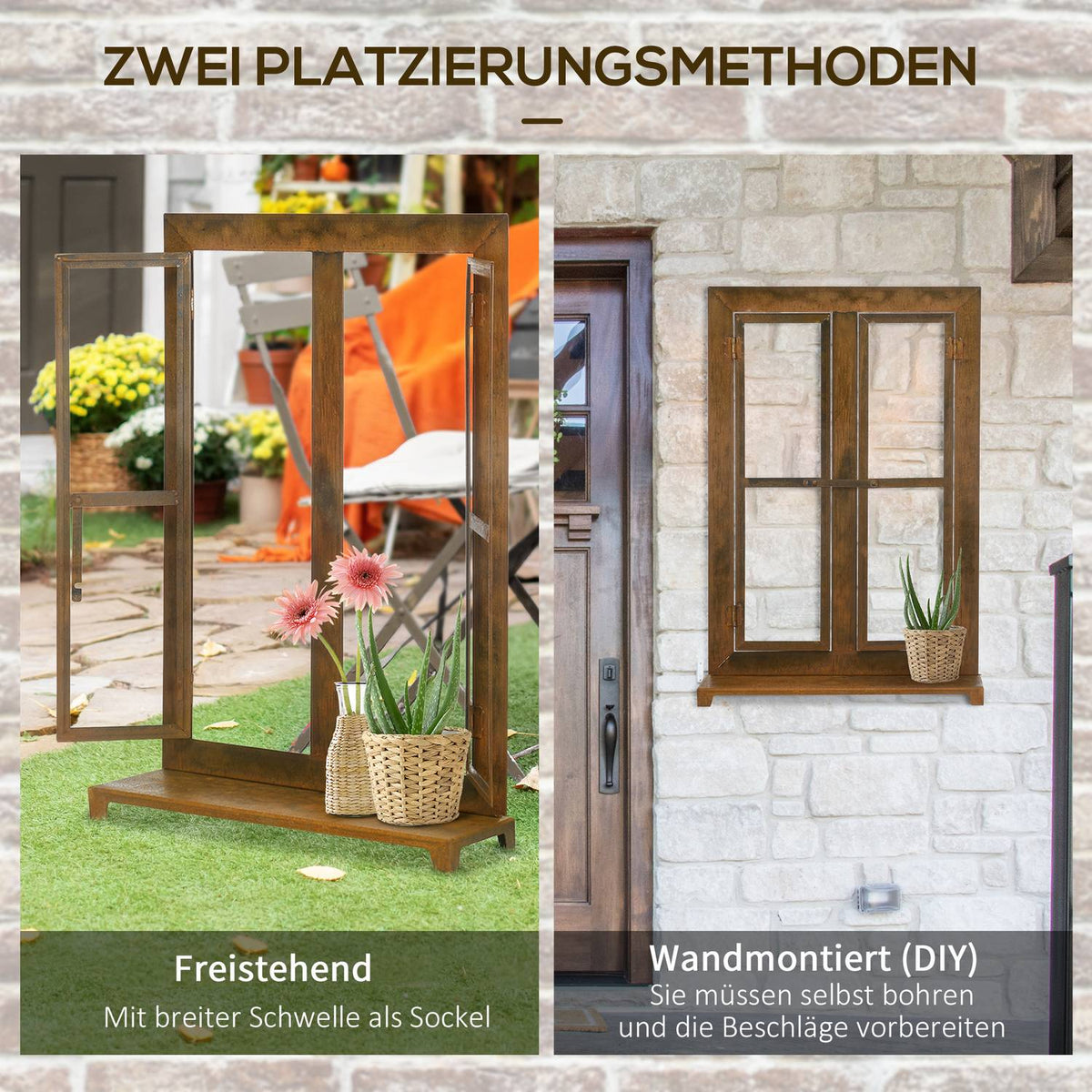 Iron Window Patina Lattice Window 55X80Cm With Threshold And Transom, Rustic Brown, Garden Decoration